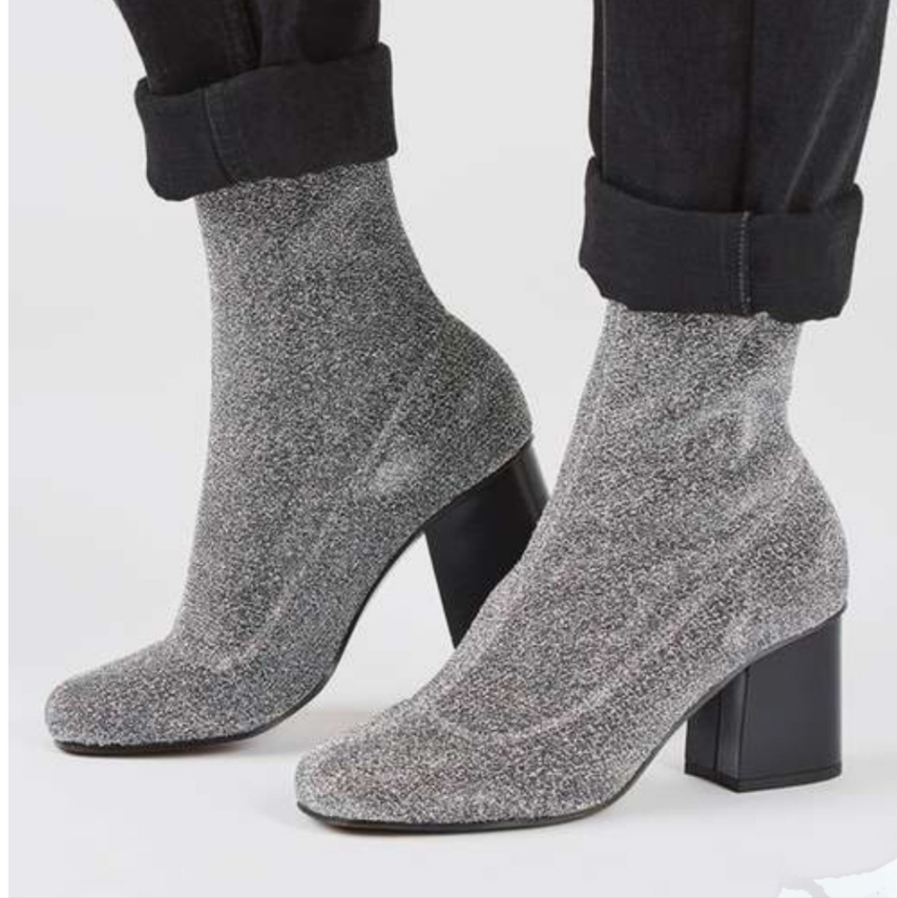 Topshop Stretch Socks Glittering Silver Ankle Boots - Picture 3 of 11